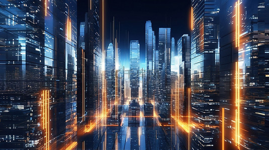 数字绿洲 3D 插图中高科技摩天大楼的未来城市景观