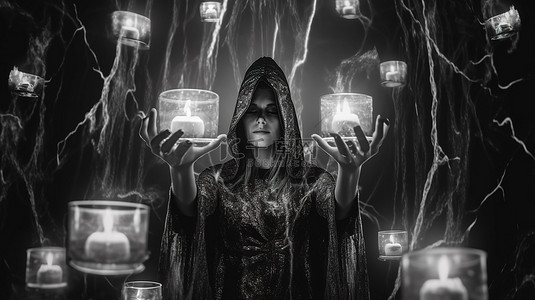 女巫在黑白烛光仪式中召唤出具有 3D 故障效果的黑暗魔法