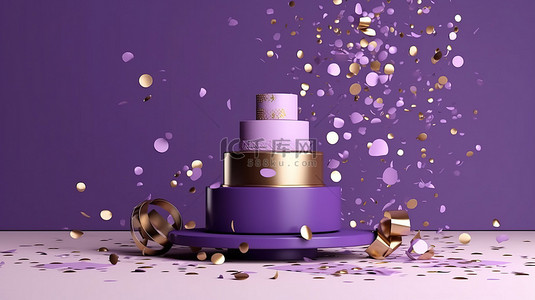 金色衬里豪华讲台，配有紫色 3D 产品展示，用于庆祝周年纪念日