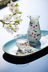 特产清酒背景图片_日本玻璃水罐和盘子