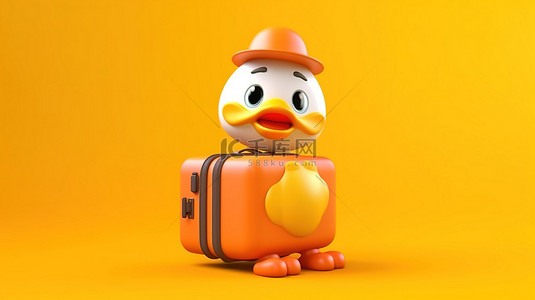 手提箱卡通背景图片_黄色卡通鸭吉祥物的可爱 3D 渲染，带有橙色手提箱，背景为鲜艳的黄色