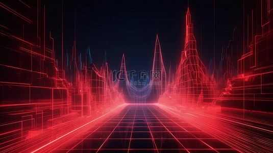 充满活力的 3D 渲染霓虹灯线框景观由红光轨迹照亮