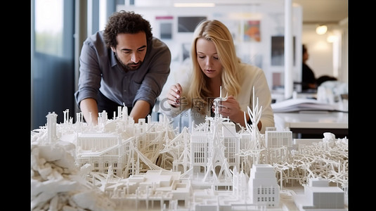 女性创意背景图片_男性和女性建筑师在工作期间与 3D 打印模型互动
