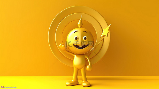 吉祥物角色的 3D 渲染，中心有射箭靶和飞镖，站在黄色背景上，配有金奖获得者奖杯