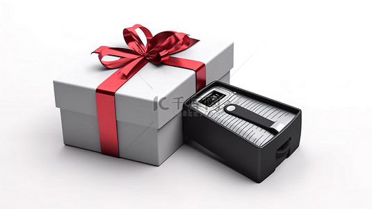 记者的数字录音机从节日礼品盒中浮出水面，礼品盒上包裹着白色背景 3D 渲染的红丝带