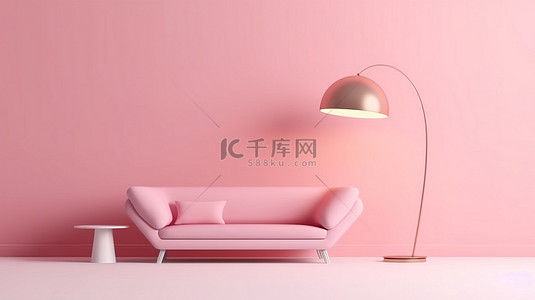 带有粉红色墙落地灯和 3D 渲染的美学书桌和沙发场景
