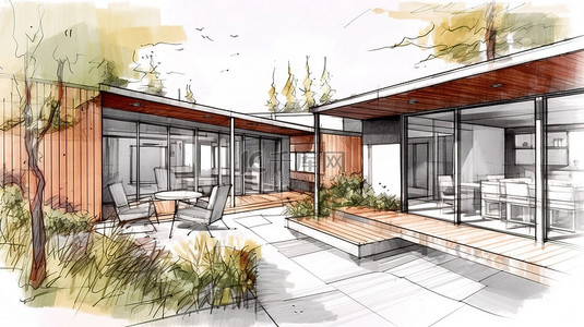 家庭户外生活空间的 3D 插图设计