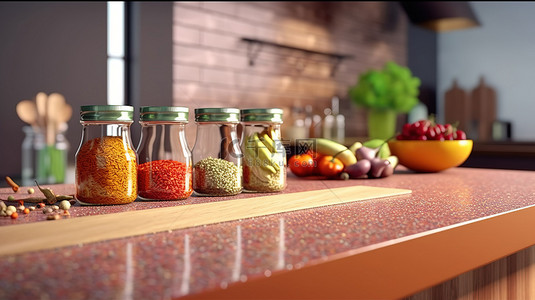 台面背景背景图片_使用具有充足调味空间的 3D 渲染台面为您的家庭厨房增添趣味