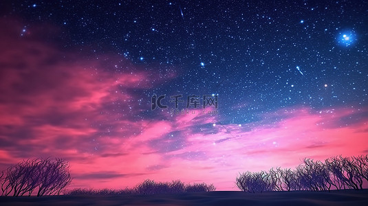星空背景图片_蓝色和粉色渐变的星夜的 3D 渲染