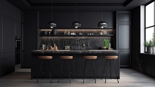 黑色厨房背景图片_现代 3D 渲染中的时尚黑色厨房