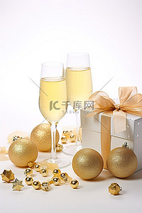 金酒杯背景图片_白色背景中的香槟礼品和金饰