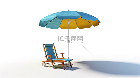 白色背景的孤立沙滩伞和躺椅的 3D 插图