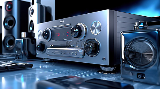 音量背景图片_带环绕扬声器和低音炮 3D 渲染的铝制家庭影院系统 DVD 接收器