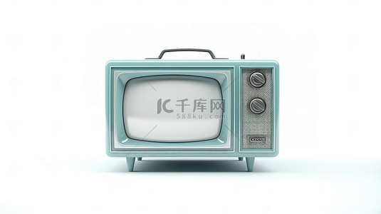 广告展示背景图片_白色背景上老式模拟蓝色电视的 3d 插图