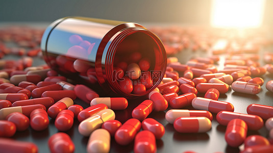 补充瓶背景图片_医疗保健背景下一堆从药瓶中溢出的 3D 医疗胶囊