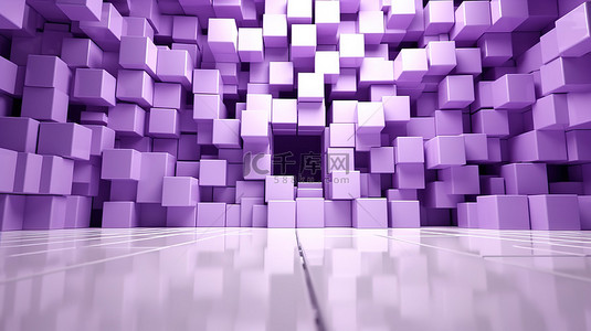 现代建筑背景的 3D 渲染插图，紫色色调，带有白色立方体墙壁装饰