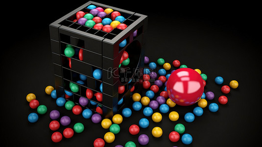 益智背景图片_益智大脑训练玩具黑色圆柱体，带有彩色球和 3D 插图中的拼图方块