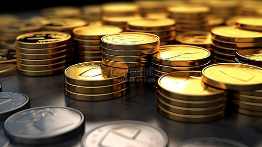 一堆金银币象征着商业运营3d渲染的成功和策略