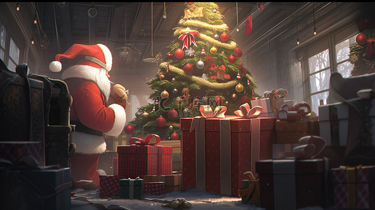 卡通新年礼盒背景图片_圣诞树由圣诞老人在礼品盒和节日装饰中的 3D 渲染中装饰