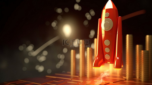 飞行图背景图片_飞行火箭上的增长图和硬币的 3D 渲染