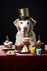 宠物售后卡背景图片_一只狗坐在一盘零食和帽子前面