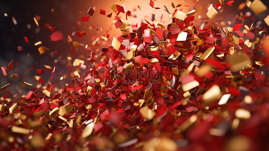 充满活力的红色背景 3D 渲染迷人的金色五彩纸屑爆裂