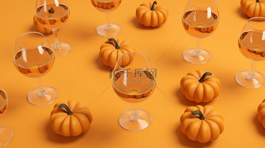 饮料酒杯背景图片_米色背景上的南瓜无缝图案，配有一杯饮料，非常适合秋季假期广告或销售 3D 渲染