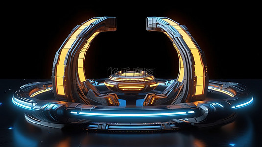 星空飞船背景图片_3D 生成的未来太空飞船概念在圆形产品展示台上呈现