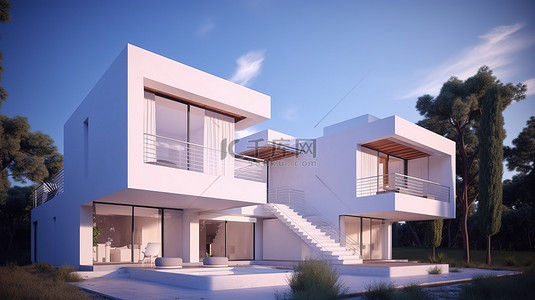 当代房地产的概念性 3D 渲染