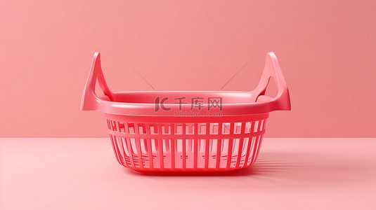 杂货食品背景图片_粉红色背景上 3D 渲染的红色空购物篮的虚拟食品和杂货购物插图