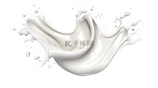 3D 液态奶渲染白色背景，带有旋转和飞溅