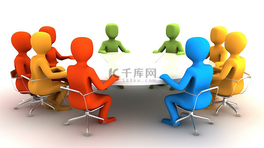 商务沟通背景图片_白色背景会议桌与 3d 人会面