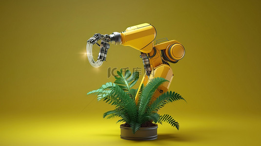 农业机械图标背景图片_机械臂持有植物的孤立 3D 渲染，描绘现代农业技术概念