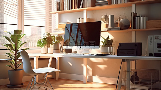 时尚时尚的家庭办公室设计，配有计算机工作站 3D 渲染图像的特写