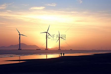 长沙方言背景图片_长沙滩上日落时的三台风力涡轮机