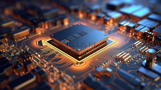 处理器计算机芯片 3d 呈现在电路板上与微芯片