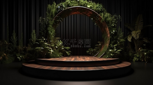 深色讲台，用于在 3D 渲染中展示产品，具有植物填充雕像横截面