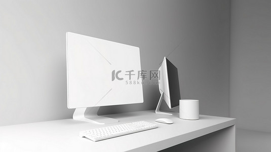 立方体上的一台台式电脑显示器模型中白色粘土的 3D 渲染