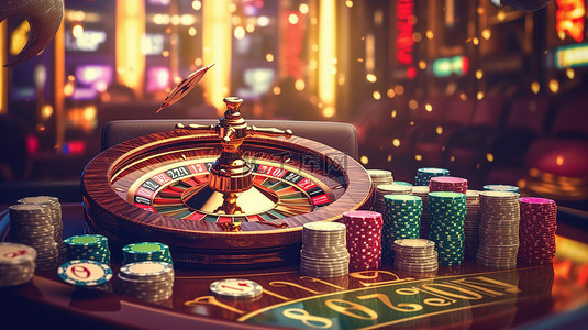 赌场必需品轮盘赌卡骰子筹码和老虎机的 3D 插图