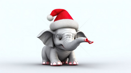 指着卡通背景图片_快乐的大象戴着圣诞老人的帽子，指着 3D 插图