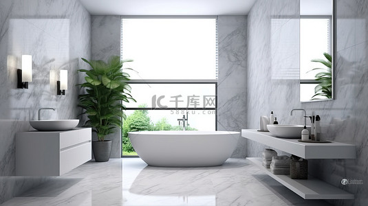 印花毛巾背景图片_现代浴室设计与大理石印花瓷砖墙 3D 渲染