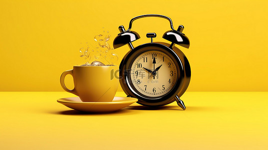 醒来时，闹钟和黑色咖啡杯在黄色背景上的强劲启动 3D 渲染