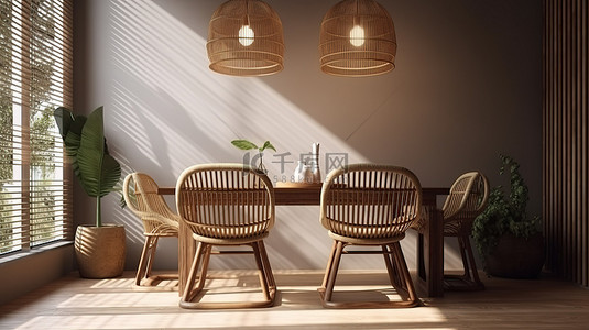 热带极简主义餐厅的室内场景和模型 3D 插图手工制作的藤椅
