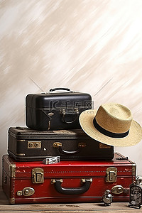 复古草帽背景图片_黑色复古手提箱复古帽子和汽车收音机