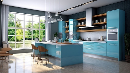 蓝色窗户背景图片_现代住宅中时尚的室内设计蓝色厨房以正交投影和 3D 渲染呈现