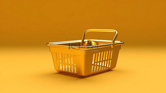 杂货食品背景图片_简约金色卡通风格杂货购物篮的 3D 渲染