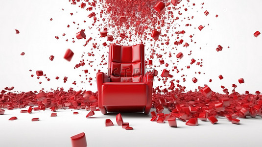3D 渲染舒适的红色电影院椅子在白色背景下用降落伞下降