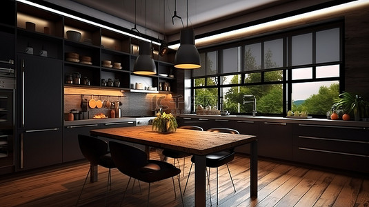 黑暗而别致的时尚厨房 3D 渲染，带有集成用餐区和窗户