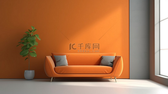 时尚简约的生活空间简约设计，现代环境中的橙色沙发 3D 渲染