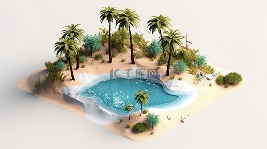 热带 3D 等距景观海滨，有棕榈树和海景